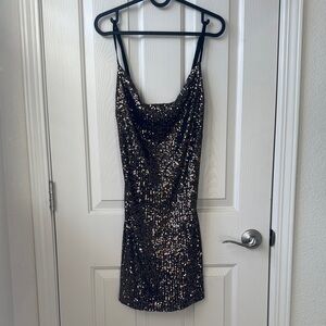 AQUA Cowl neck Sequin Embellished Backless spaghetti strap Mini Dress XS